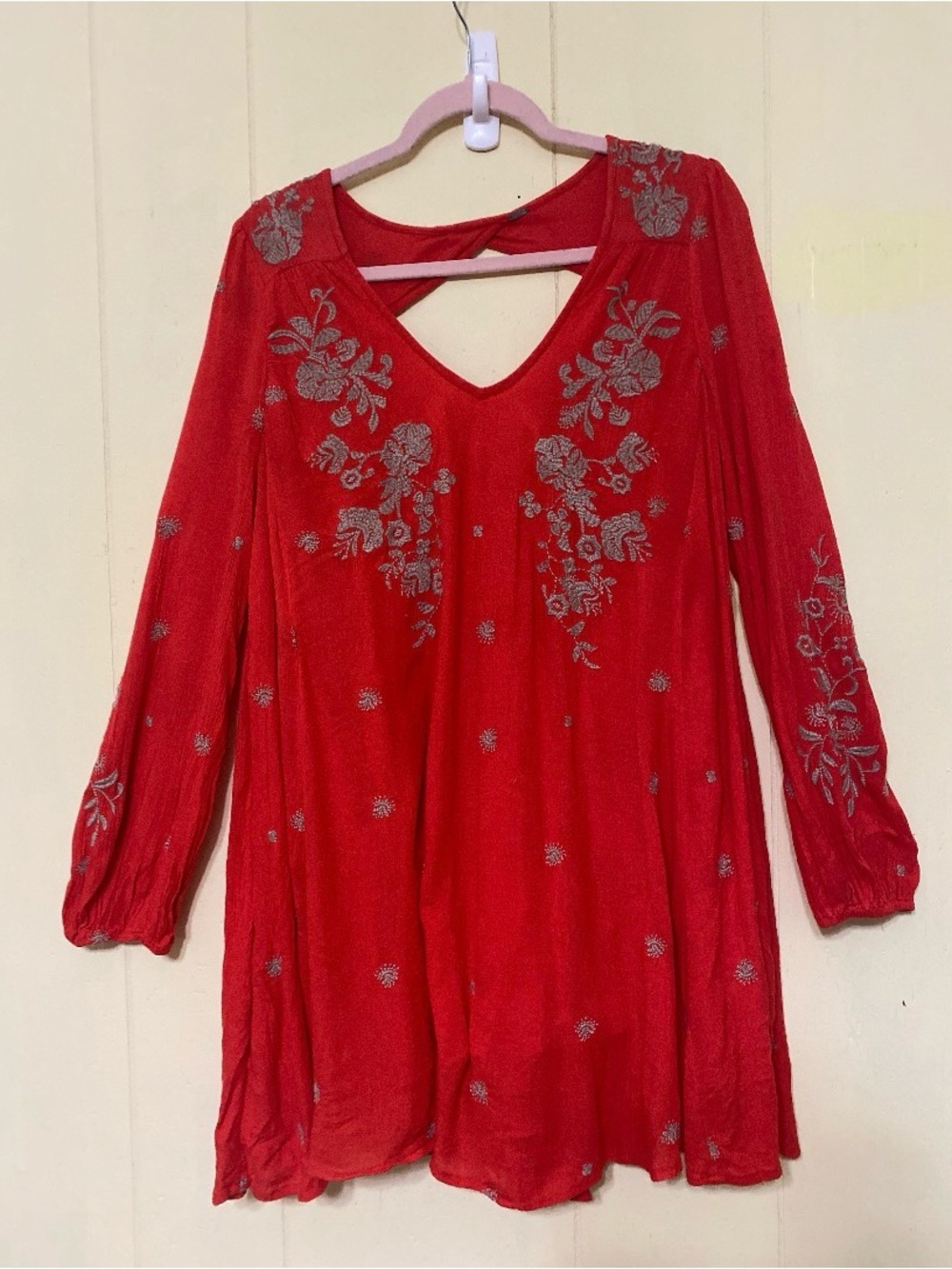 Free People Red Embroidered Boho Tunic Top Crossover Back Rayon Medium